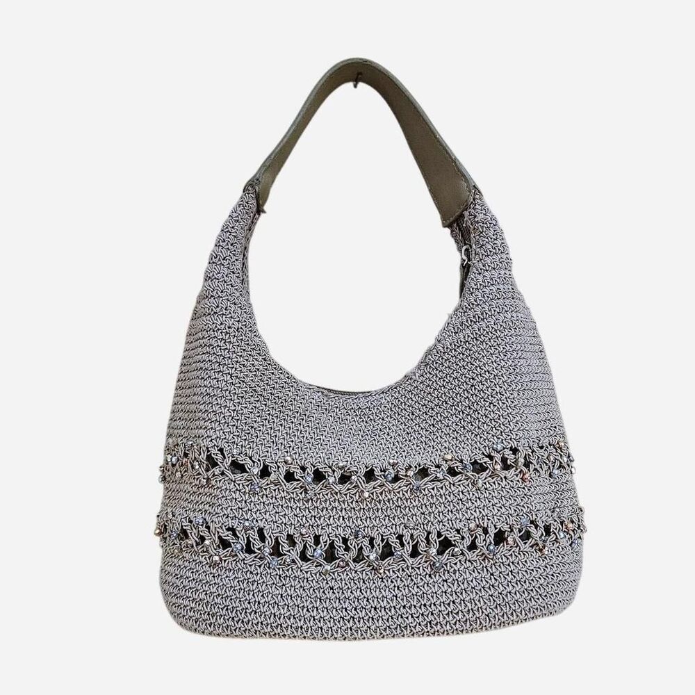 y2k fairy grunge beige beaded crochet slouchy shoulder bag